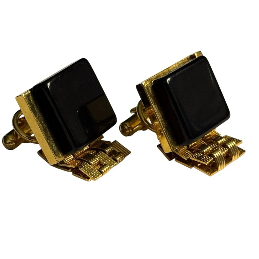 Vintage Cufflinks Black Lucite Wrap Around Gold‎ Tone Watch Band Style Chain